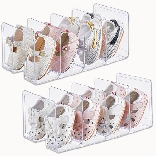 UFORU Acrylic Toddler Shoe Organizer,Kids Shoe Rack for Closet Storage | 2-Pack Clear Small Shoe Rack Stackable 4‑Section Baby Shoe Organizer,Also Organizes Books,Files,Purses and Desk Supplies