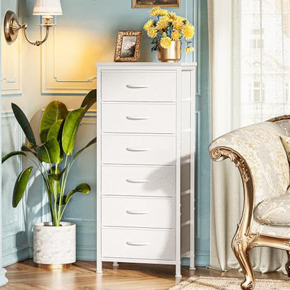 Huuger Tall Dresser for Bedroom, Stable 6 Drawer Dresser with Anti-Tip Device, PU Leather & Fabric Drawers, Tall Nightstand for Closet, Nursery, Storage Tower for College Dorm High Beds, White