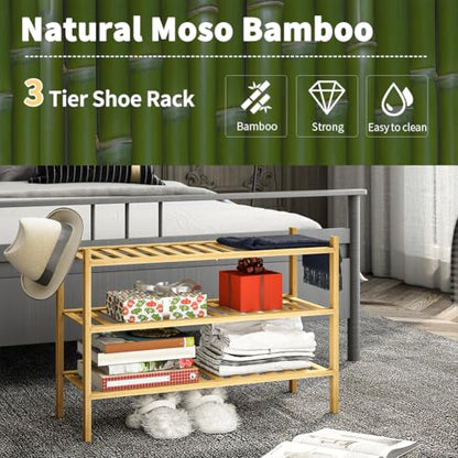 3-Tier Bamboo Shoe Rack for Entryway, Stackable | Heavy Duty | Multi-Function, Free Standing Shoe Racks for Bedroom Hallway Closet