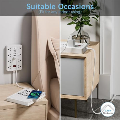 Power Strip with USB, Flat Plug Extension Cord with Multiple Outlets 5 Ft, HUNIAN Power Strip with 8 Widely Spaced Outlets 6 USB Charger (1 USB C Port), Desk Charging Station for Home Office, White