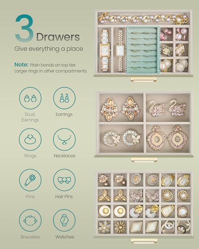 SONGMICS Jewelry Box with Glass Window, 3-Layer Organizer | Jewelry storage organizer with 3 drawers, Golden Handles, for Rings, Earrings, Bracelets, Gift Idea, Sage Green UJBC206CE01S