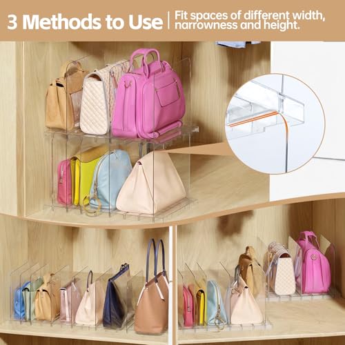 Purse Organizer for Closet, Stackable Handbag Storage Shelf, Adjustable Clear Shelf Dividers, Keep Clutch, Bag, Pocketbook Upright, for Bedroom