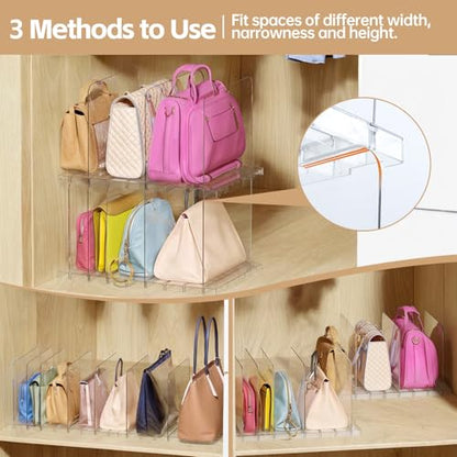 Purse Organizer for Closet, Stackable Handbag Storage Shelf, Adjustable Clear Shelf Dividers, Keep Clutch, Bag, Pocketbook Upright, for Bedroom