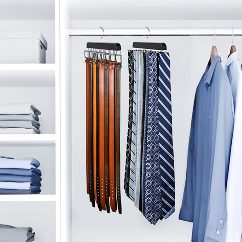 2 Pack Tie Rack & Belt Hanger for Closet Organization, Wooden Tie Organizer | Space Saving 2 in 1 Tie Hanger Max 42 Belts & 60 Ties Capacity, Premium Tie Belt Holder for Closet Organizers and Storage