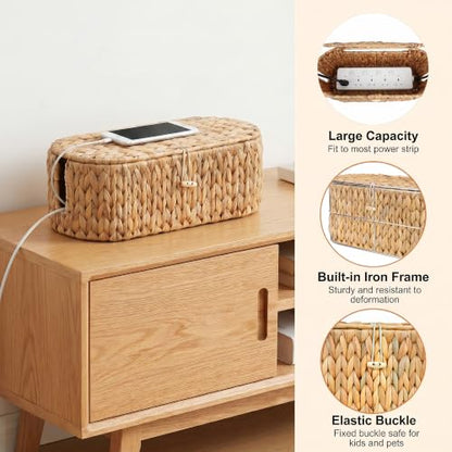 Set of 2 Cable Management Box, Handwoven Cord Hider Box with 3 Open Slots | Cable Organizer Box with Lockable Lid, Cord Storage Box to Hide Power Strip, Router, USB Hub, TV Wires for Home, Office