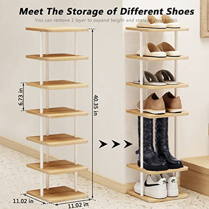 Shoe Rack Storage Vertical Narrow Shoe Organizer Shelf 7 Tier | Metal Slim Shelf,Modern Minimalist Free Standing Shoe Tower, Saving Space for Closet,Entryway,Bedroom,White