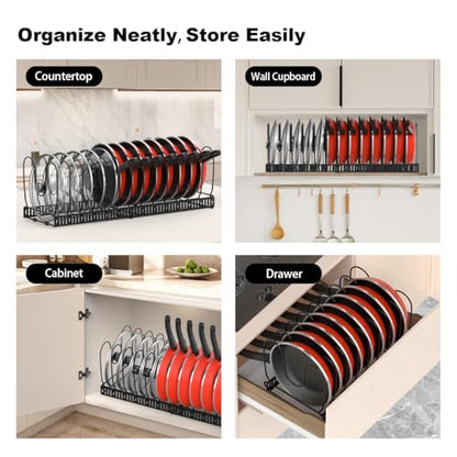Housolution Pot and Pan Lid Organizer Holder Storage Rack, Black | 12"-23" Expandable, 14 Adjustable Dividers, Sturdy Metal Construction, Easy Assembly