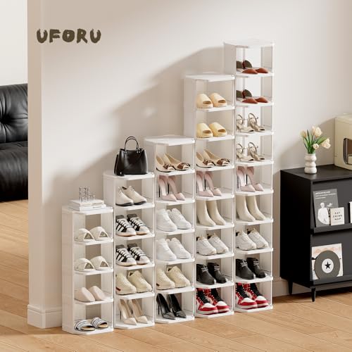 UFORU 5-Tier Small Vertical Shoe Rack,Plastic Shoe Organizer,Narrow Spaces | White Free-Standing Stackable Design for Closets,Entryways,Dorms and Corners,Tool-Free Assembly,Vertical Shoe Rack Tower