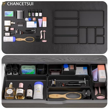 Black Bathroom Drawer Organizer Trays: 9 PC Stackable Desk Organizers Bin | vanity office kitchen modern shallow containers modular storage