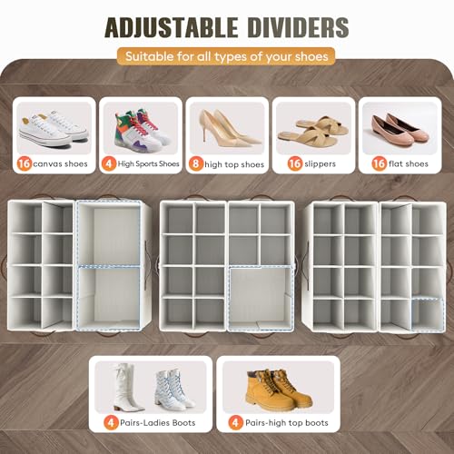 2 Pack Shoe Organizer for Closet, Foldable Shoe Storage with Adjustable | Farbic shoe storage organizer box bin with clear cover, fits up to 16 pairs, shoe storage box for closet, entryway, beige