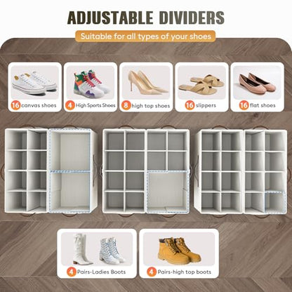 2 Pack Shoe Organizer for Closet, Foldable Shoe Storage with Adjustable | Farbic shoe storage organizer box bin with clear cover, fits up to 16 pairs, shoe storage box for closet, entryway, beige