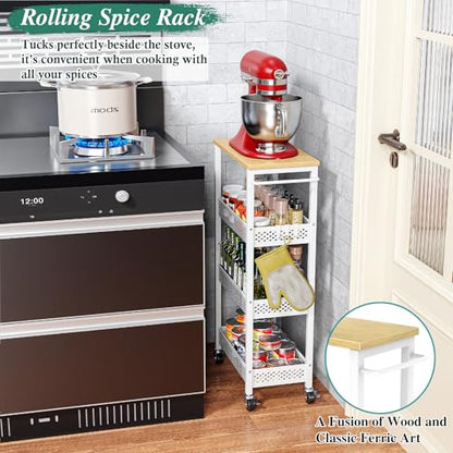 4-Tier Slim Rolling Storage Cart for Laundry Room, Bathroom, Kitchen | Upgraded metal hub casters, Narrow utility cart for small space/gaps, Premium wood top & metal mesh shelf, with handle & hook