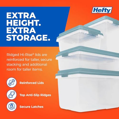 Hefty 40 Quart Hi-Rise Storage Bin with Lid, Stackable Plastic Container Tote for Home, Office, and Classroom Organization, 6 Pack, Smoke Blue