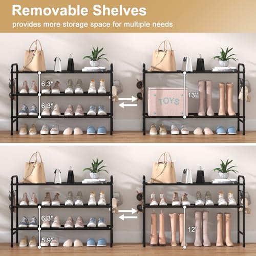 VILICK 3 Tier Shoe Rack 33" Wide Metal Shoe Organizer, Black | Long Shoe Storage, 4 Side Hooks, Sturdy Shoes Shelf, For Front Door Entrance, Closet, Garage, Dorm