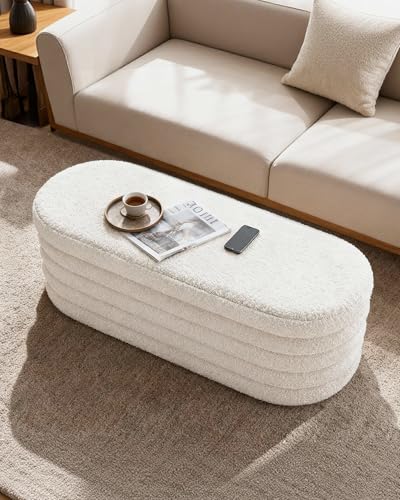Storage Ottoman Bench, 43" Entryway Shoe Seat, Sherpa White | Upholstered Oval Ottoman with Storage, End of Bed Stool Blanket Chest, For Living Room, Hallway