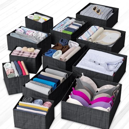 Drawer Organizer Clothes Set of 12 Black - Dresser Organizer For Nursery, Bedroom, Closet - The Perfect Baby Clothes Organizer and Storage & General Nursery Organization or Dresser Drawer Organizers