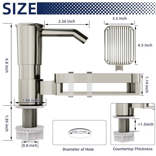 Soap Dispenser Pump for Kitchen Sink with Sponge Rack,ABS Plastic | in Counter Soap Dispenser with 39" Extension Tube Kit,Built in Dish Soap Dispensers under Sink,on Countertop,Brushed Nickel