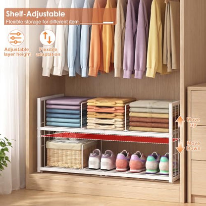 Hongtamoya Stackable Closet Storage Shelf with Adjustable Divider | Closet Organizer and Storage Container for Clothe, Jean Pant Shirt Sweater Purse Shoe, Use in Bedroom RV Closet System, White