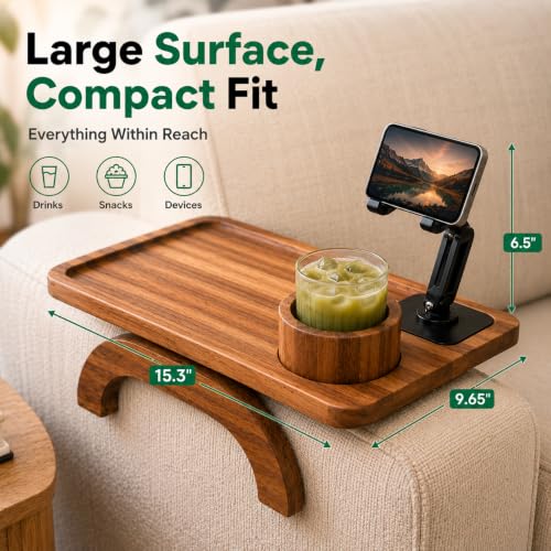 Couch Armrest Table with Cup Holder (15.31" x 9.65") - Acacia Sofa Arm Tray Organizer with Magnetic & 360° Rotating Phone Holder - Fits Couch Arm for Drinks, Snacks & Remote Control