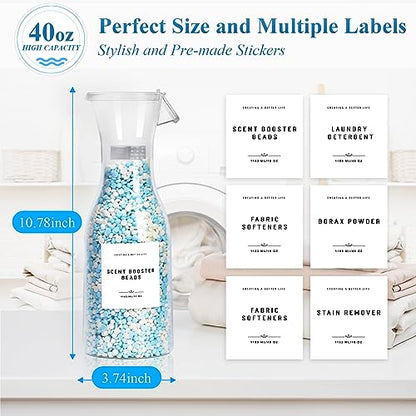 Laundry Detergent Dispenser Bottle 40oz with Waterproof Label for Laundry Detergent Soap Fabric Softener Bleach Scent Booster Beads, Sturdy PET Bottle for Laundry Room Decor 2 Pack White