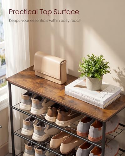 VASAGLE Shoe Rack, Shoe Storage Rack for Closet, Entryway, Living Room, Free Standing Metal Organizer Shelf, 4 Tiers, 11.8 x 29.5 x 27.2 Inches, for 12–16 Pairs, Rustic Brown and Ink Black ULBS049KD01