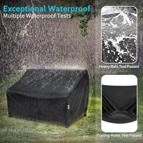 Outdoor Couch Cover Waterproof, Various Size for Patio Sofa | Fit 62x38x35 inch for 2-Seater Loveseat Outside Bench, Height Adjustable, Windproof Buckle Strap, Storage Bag, 2 Pack, Black