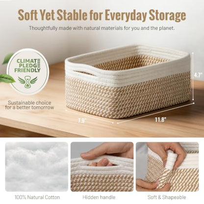 5 Pack Small Woven Storage Baskets for Shelves, Cotton Rope Baskets Organizer for Bathroom, Closet & Nursery, Decorative Storage Bins for Organizing Socks, Toys, 11.8"x7.9"x4.7", Khaki/White