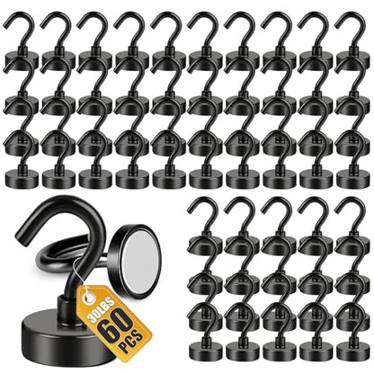 DIYMAG Magnetic Hooks, 30lbs 60pcs Cruise Cabin Essentials Heavy Duty Black | Strong Neodymium Rare Earth Magnets, for Kitchen, Classroom, Beach, Cruise Cabins, Refrigerator, Hanging Key Clothes Wall Hat