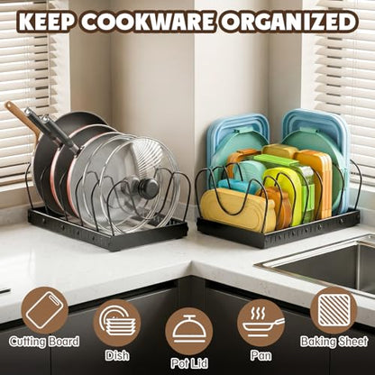 2PACK Pot Lid Organizers Inside Cabinet for Kitchen, Pots and Pans Organizer Under Cabinet with 16 Adjustable Dividers, Countertop Lid Holder, Rust-Resistant, Tool-Free Installation, Easy to Clean