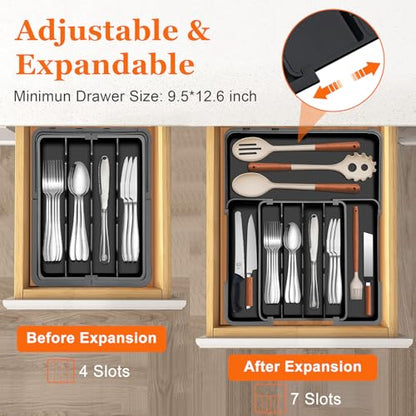 Silverware Organizer - Expandable Kitchen Drawer Organizer, Utensil Drawer Organizer, Adjustable Plastic Flatware and Cutlery Holder, Kitchen Organizers Storage for Forks Knives, Black