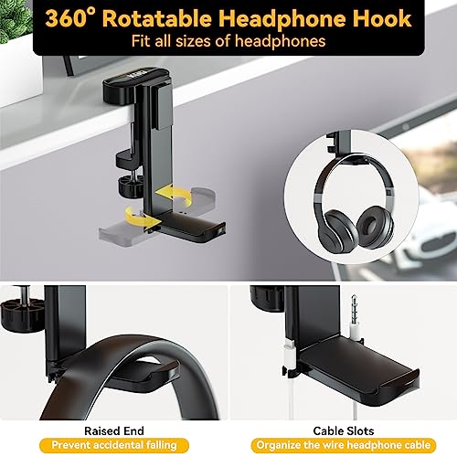 KDD 4 in 1 Desk Cup Holder - Clamp on Under Desk Headphone Hanger - Rotating Headphone Holder Detachable Pen Cup Holder Desktop Storage for Cup, Phone and Pen(Black)