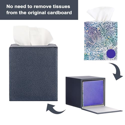 Sumnacon Tissue Box Cover Square,Magnetic Bottom PU Tissue Box Holder,Blue | Stylish Cube Leather Tissue Cover,Lychee Pattern, Decorative Tissue Box Covers for Living Room Bathroom Table Desk Office Car