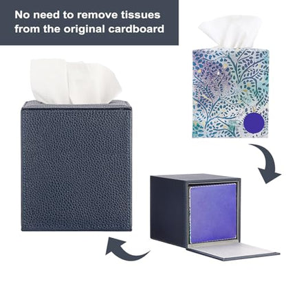 Sumnacon Tissue Box Cover Square,Magnetic Bottom PU Tissue Box Holder,Blue | Stylish Cube Leather Tissue Cover,Lychee Pattern, Decorative Tissue Box Covers for Living Room Bathroom Table Desk Office Car