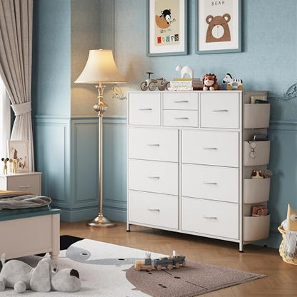 WLIVE 10 Drawer White Fabric Dresser for Bedroom, Side Pockets Chest | White Fabric chest of drawers with side pockets & hooks, perfect baby dresser for nursery kids bedroom toddler closet storage