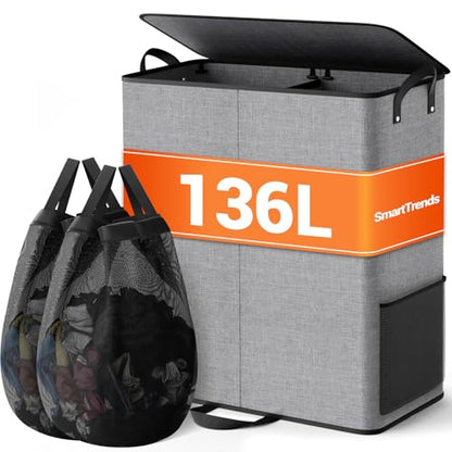 136L 2 Section Laundry Hamper with Lid, Laundry Basket, Gray | Large Laundry Hampers with Reinforced Handles & Removable Bags, Tall Dirty Clothes Hamper for Laundry Room, Bedroom, Bathroom