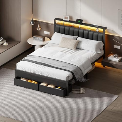 Queen Bed Frame with Storage Drawers and Upholstered Headboard