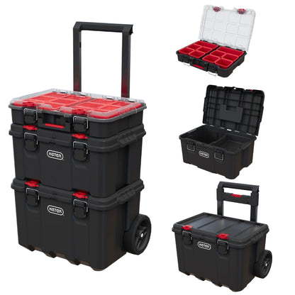 Keter Stack N Rolling Tool Box Modular Storage System 3 Piece | Black and Red, Heavy Duty, Weatherproof, All Terrain Wheels, Durable, Easy to Use, Telescoping Handle