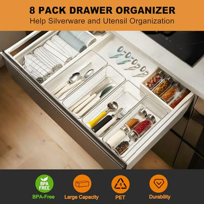 Hudgan 8 Pack Clear Plastic Drawer Organizers Set, Stackable Deep Drawer Organizer for Makeup Vanity and Desk, 2 Sizes Tall Bathroom Drawer Organizer