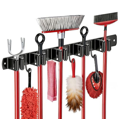 SUS304 5 Racks and 4 Hooks Mop and Broom Holder Wall Mount | Heavy Duty Self Adhesive Solid Non-slip Broom Organizer Storage Tool Racks for Home Kitchen Garden Laundry Garage