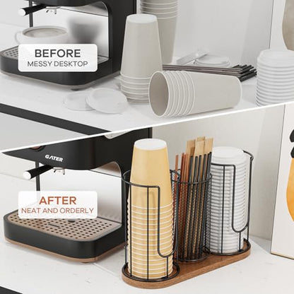 Coffee Cup Dispenser, Coffee Cup and Lid Holder, 3... (Black 1 | Wood)