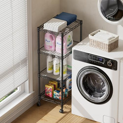 4 Small Shelves Storage Shelf Wire Shelving Unit Metal Shelf Adjustable Organizers Storage Shelving with Wheels for Bathroom Laundry Room Kitchen Pantry11.5”D x 17.3”W x 44.5”H Black