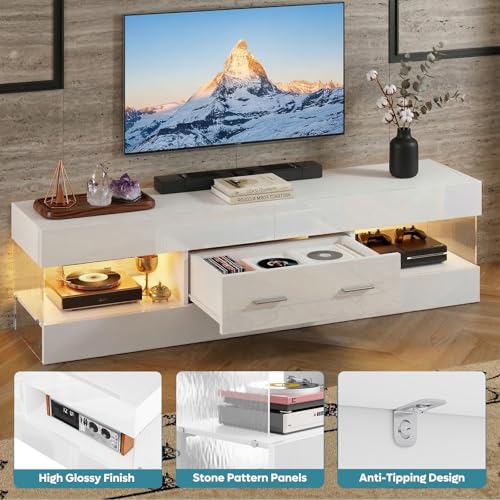 Bestier 60 Inch White Modern TV Stand, LED Entertainment Center Console | Fits up to 65 in TV, High Gloss White with Stone Pattern, Large Storage Drawer & Open Shelves, LED Lights for Living Room
