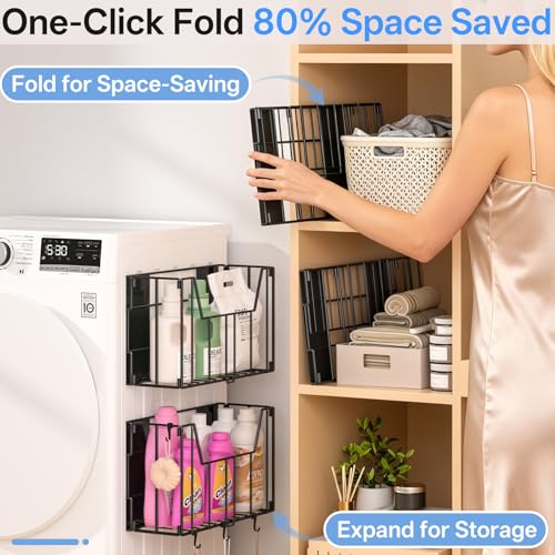 2-Pack Magnetic Folding Storage Shelf, No Drill Heavy Duty Organizer with 4 Hooks Magnetic Basket Shelves for Laundry Kitchen RV Refrigerator Washing Machine Garage