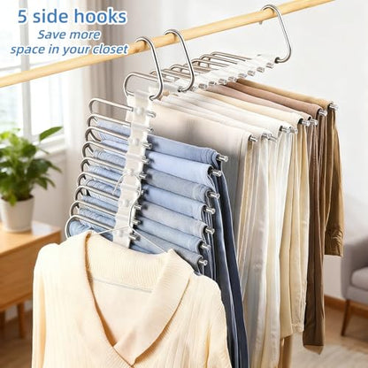 4 Pack Pants Hangers Space Saving 9 Layers, Non-Slip Closet Storage Organizers, Stainless Steel Jean Clothes Hanger Pants Rack for Trousers Scarf Leggings Skirts, Dorm Room Apartment Essentials