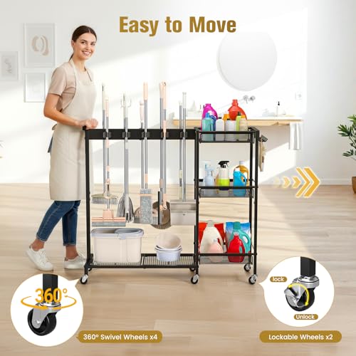 Broom Holder with Cleaning Supplies Organizer, Cleaning Utility Cart on Wheels, 10 Clips & 7 Hooks, 3-Tier Shelves, Broom Closet Storage Cabinet with Cleaning Caddy for Home Commercial Use