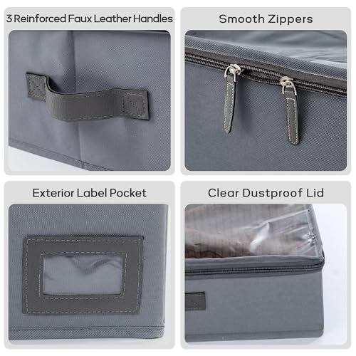 4" Low Profile Under Bed Storage Bins (2-Pack, Grey), Slim 600D Oxford Fabric Clothes Organizer Box with Reinforced Leather Handles, Sturdy Clear Lid