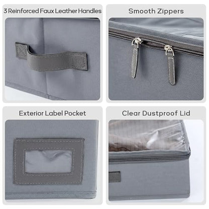 4" Low Profile Under Bed Storage Bins (2-Pack, Grey), Slim 600D Oxford Fabric Clothes Organizer Box with Reinforced Leather Handles, Sturdy Clear Lid