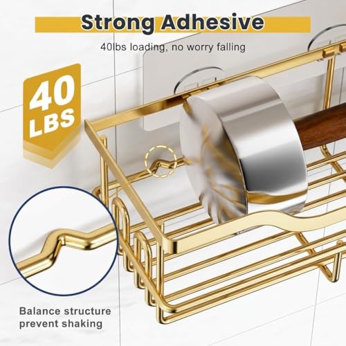 OMAIRA 3-Pack Shower Caddy with Soap Holder, Adhesive Rustproof No-drill Strudy Loading Inside Shower Organizer Shelves Rack Storage Bathroom Organization for Smooth Wall Glass Tile, (Gold)
