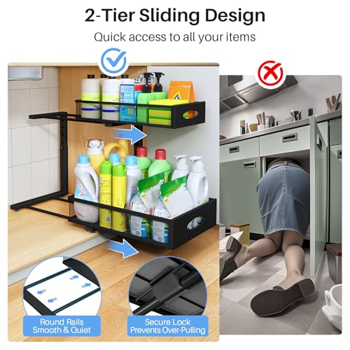 Under Sink Organizer, 2 Pack 2 Tier Pull Out Under Cabinet Organizer Shelf with Pad for Framed Cabinets, Metal Slide Out Under Sink Storage, Mesh Sliding Drawers for Kitchen Bathroom Laundry, Black