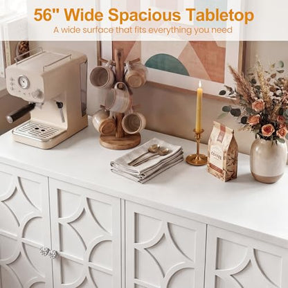 RoyalCraft Sideboard Buffet Cabinet with Storage, 56" Modern Sideboard with 4 Carved Doors, Large Wood Coffee Bar Console Table for Kitchen, Dining Room, Entryway, Living Room, Satin White